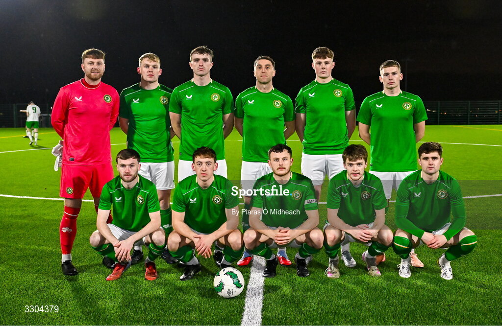 3 December 2025; The Ireland Amateur team at the start of the second half of the representative friendly match between Ireland Amateur and Irish Defence Forces at Wayside Celtic FC in Dublin. Photo by Piaras Ó Mídheach/Sportsfile