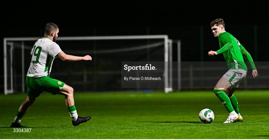 3 December 2025; Brian Aherne of Ireland Amateur, right, in action against Brandon Daly of Irish Defence Forces during the representative friendly match between Ireland Amateur and Irish Defence Forces at Wayside Celtic FC in Dublin. Photo by Piaras Ó Mídheach/Sportsfile