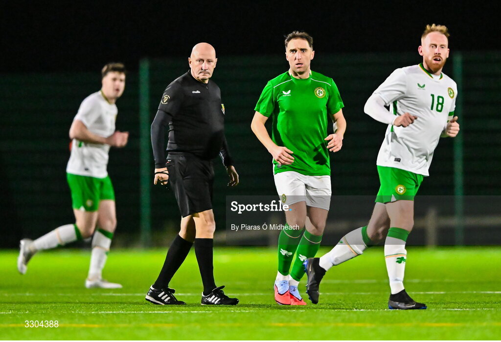 3 December 2025; Referee Paul Tuite during the representative friendly match between Ireland Amateur and Irish Defence Forces at Wayside Celtic FC in Dublin. Photo by Piaras Ó Mídheach/Sportsfile