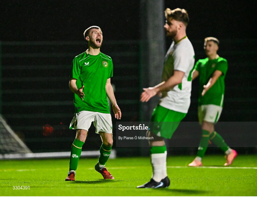 3 December 2025; Dean Ivory of Ireland Amateur during the representative friendly match between Ireland Amateur and Irish Defence Forces at Wayside Celtic FC in Dublin. Photo by Piaras Ó Mídheach/Sportsfile