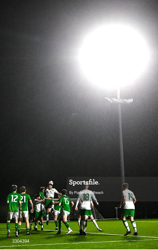 3 December 2025; Joe Manly of Irish Defence Forces heads the ball during the representative friendly match between Ireland Amateur and Irish Defence Forces at Wayside Celtic FC in Dublin. Photo by Piaras Ó Mídheach/Sportsfile