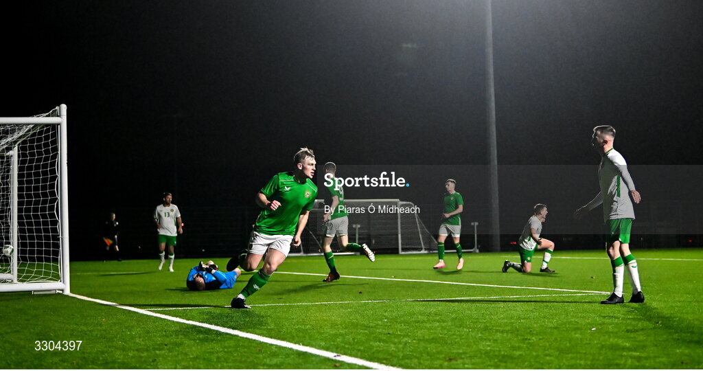 3 December 2025; Ed O’Dwyer of Ireland Amateur celebrates scoring his side's first goal during the representative friendly match between Ireland Amateur and Irish Defence Forces at Wayside Celtic FC in Dublin. Photo by Piaras Ó Mídheach/Sportsfile