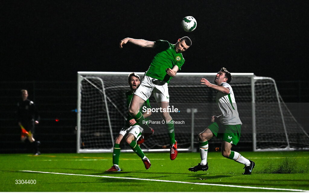 3 December 2025; Dean Walsh of Ireland Amateur scores his side's second goal during the representative friendly match between Ireland Amateur and Irish Defence Forces at Wayside Celtic FC in Dublin. Photo by Piaras Ó Mídheach/Sportsfile