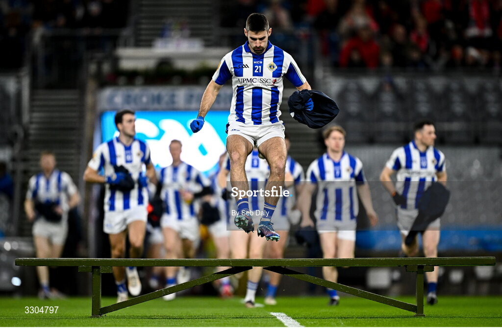 6 December 2025; Ballyboden St Enda's captain Shane Clayton leads his side out before the AIB Leinster GAA Football Senior Club Championship final match between Athy of Kildare and Ballyboden St Enda's of Dublin at Croke Park in Dublin. Photo by Seb Daly/Sportsfile