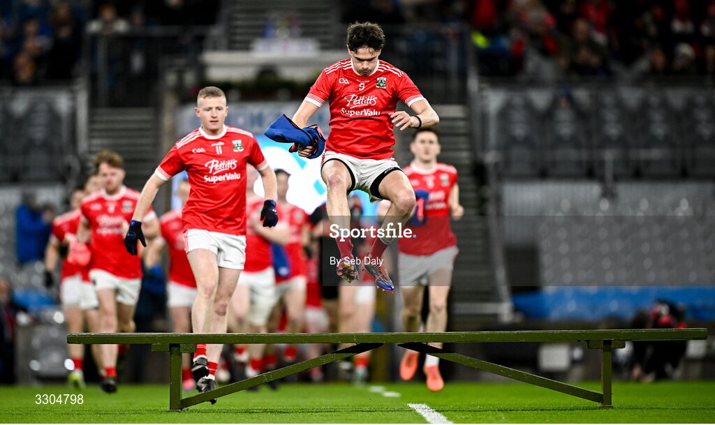 6 December 2025; Athy captain David Hyland leads his side out before the AIB Leinster GAA Football Senior Club Championship final match between Athy of Kildare and Ballyboden St Enda's of Dublin at Croke Park in Dublin. Photo by Seb Daly/Sportsfile