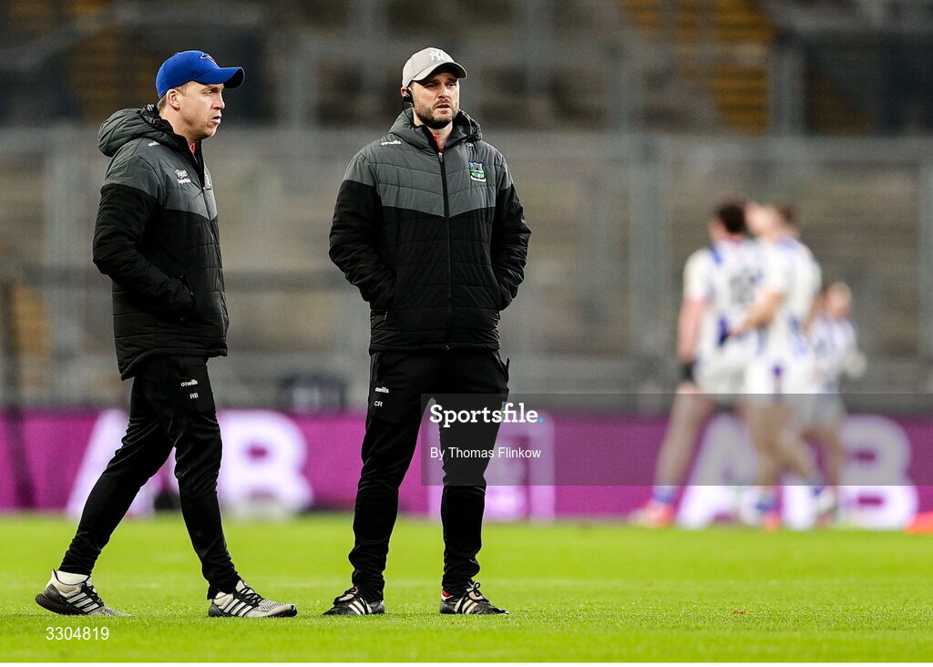 6 December 2025; Athy joint managers Conor Ronan, centre, and Ross Bell before the AIB Leinster GAA Football Senior Club Championship final match between Athy of Kildare and Ballyboden St Enda's of Dublin at Croke Park in Dublin. Photo by Thomas Flinkow/Sportsfile