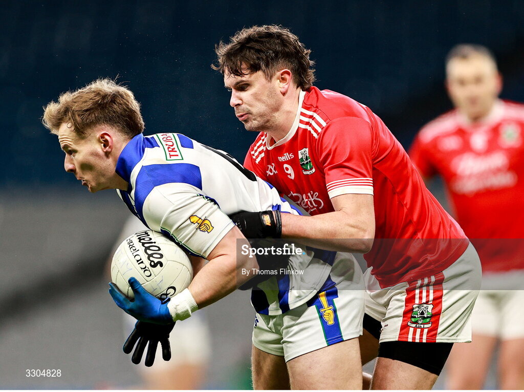 6 December 2025; Peter Healy of Ballyboden St Enda’s in action against David Hyland of Athy during the AIB Leinster GAA Football Senior Club Championship final match between Athy of Kildare and Ballyboden St Enda's of Dublin at Croke Park in Dublin. Photo by Thomas Flinkow/Sportsfile