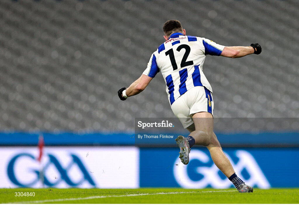 6 December 2025; Ryan Basquel of Ballyboden St Enda’s celebrates after scoring his side's first goal during the AIB Leinster GAA Football Senior Club Championship final match between Athy of Kildare and Ballyboden St Enda's of Dublin at Croke Park in Dublin. Photo by Thomas Flinkow/Sportsfile