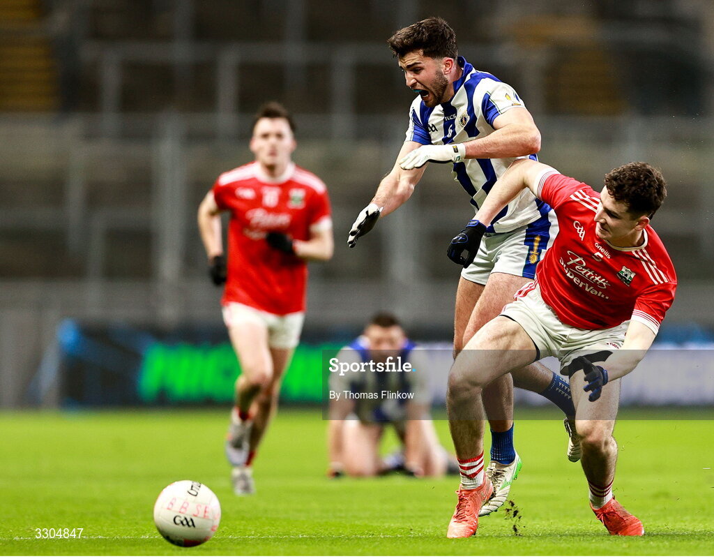 6 December 2025; Alex Gavin of Ballyboden St Enda’s is tackled by Padraic Spillane of Athy during the AIB Leinster GAA Football Senior Club Championship final match between Athy of Kildare and Ballyboden St Enda's of Dublin at Croke Park in Dublin. Photo by Thomas Flinkow/Sportsfile