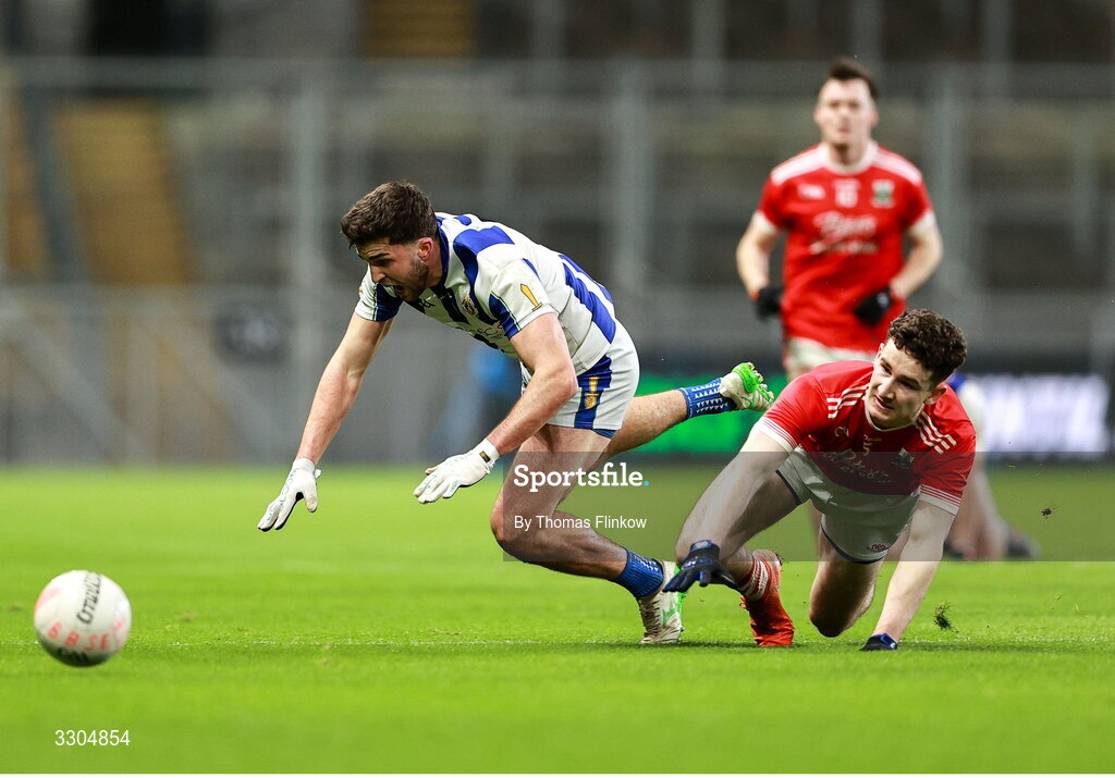6 December 2025; Alex Gavin of Ballyboden St Enda’s is tackled by Padraic Spillane of Athy during the AIB Leinster GAA Football Senior Club Championship final match between Athy of Kildare and Ballyboden St Enda's of Dublin at Croke Park in Dublin. Photo by Thomas Flinkow/Sportsfile