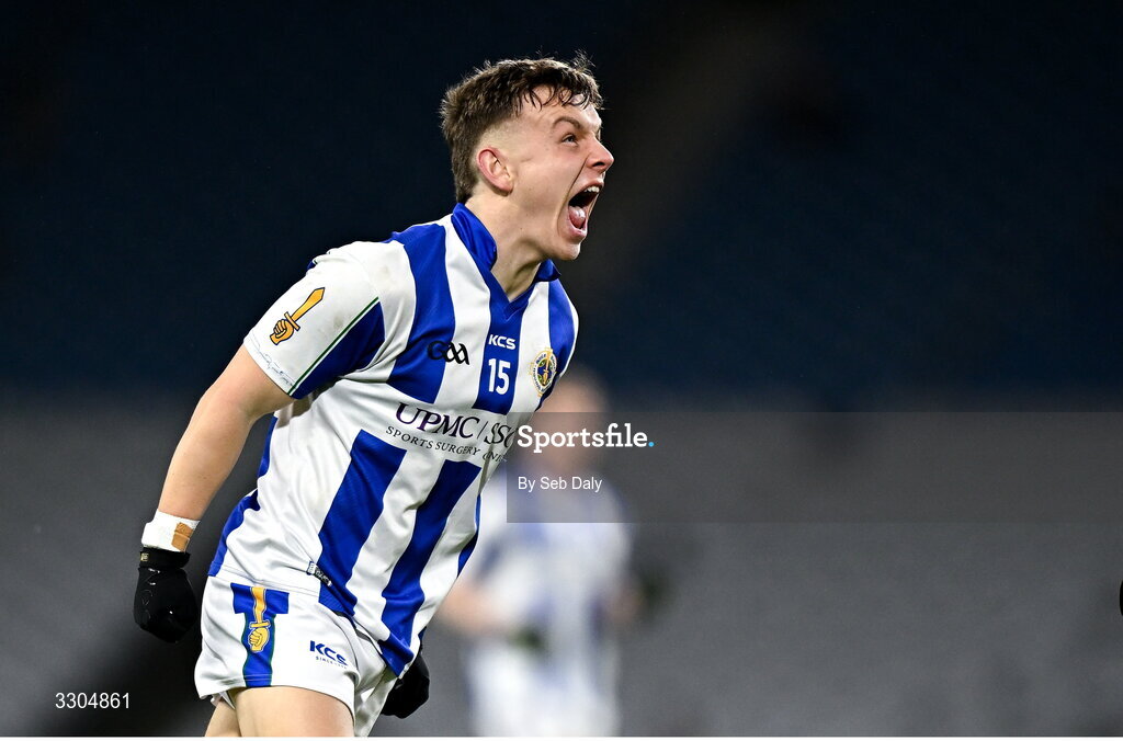6 December 2025; Daire Sweeney of Ballyboden St Enda’s celebrates after kicking a point during the AIB Leinster GAA Football Senior Club Championship final match between Athy of Kildare and Ballyboden St Enda's of Dublin at Croke Park in Dublin. Photo by Seb Daly/Sportsfile