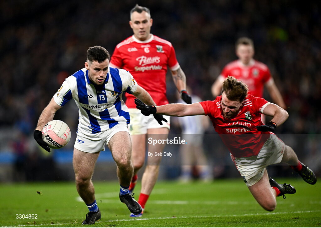 6 December 2025; Ross McGarry of Ballyboden St Enda’s in action against Darren Lawler of Athy during the AIB Leinster GAA Football Senior Club Championship final match between Athy of Kildare and Ballyboden St Enda's of Dublin at Croke Park in Dublin. Photo by Seb Daly/Sportsfile