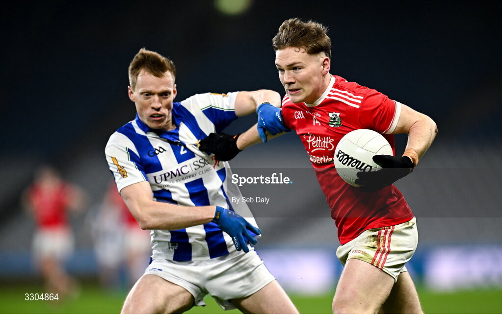 6 December 2025; Colm Moran of Athy in action against Brian Bobbett of Ballyboden St Enda’s during the AIB Leinster GAA Football Senior Club Championship final match between Athy of Kildare and Ballyboden St Enda's of Dublin at Croke Park in Dublin. Photo by Seb Daly/Sportsfile
