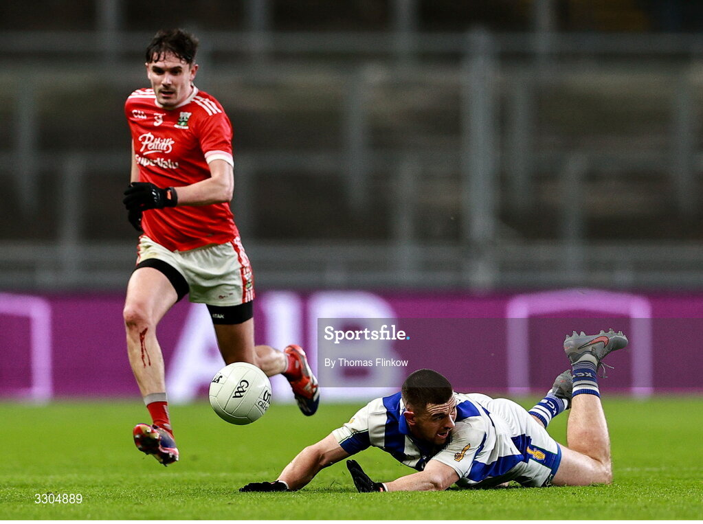 6 December 2025; James Holland of Ballyboden St Enda’s in action against David Hyland of Athy during the AIB Leinster GAA Football Senior Club Championship final match between Athy of Kildare and Ballyboden St Enda's of Dublin at Croke Park in Dublin. Photo by Thomas Flinkow/Sportsfile