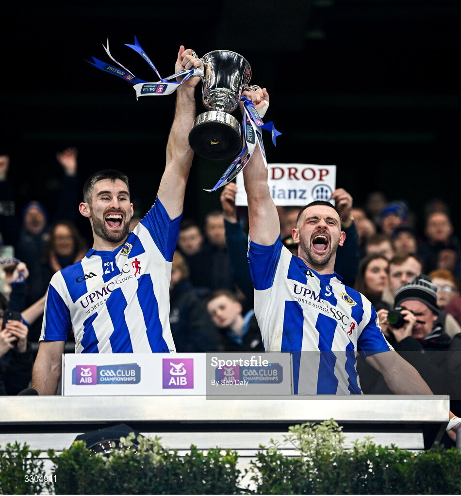 6 December 2025; Ballyboden St Enda's captain Shane Clayton, left, and vice-captain James Holland lifts the Seán McCabe Cup after their side's victory in the AIB Leinster GAA Football Senior Club Championship final match between Athy of Kildare and Ballyboden St Enda's of Dublin at Croke Park in Dublin. Photo by Seb Daly/Sportsfile