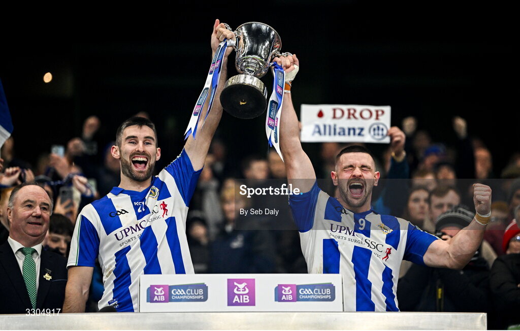 6 December 2025; Ballyboden St Enda's captain Shane Clayton, left, and vice-captain James Holland lifts the Seán McCabe Cup after their side's victory in the AIB Leinster GAA Football Senior Club Championship final match between Athy of Kildare and Ballyboden St Enda's of Dublin at Croke Park in Dublin. Photo by Seb Daly/Sportsfile