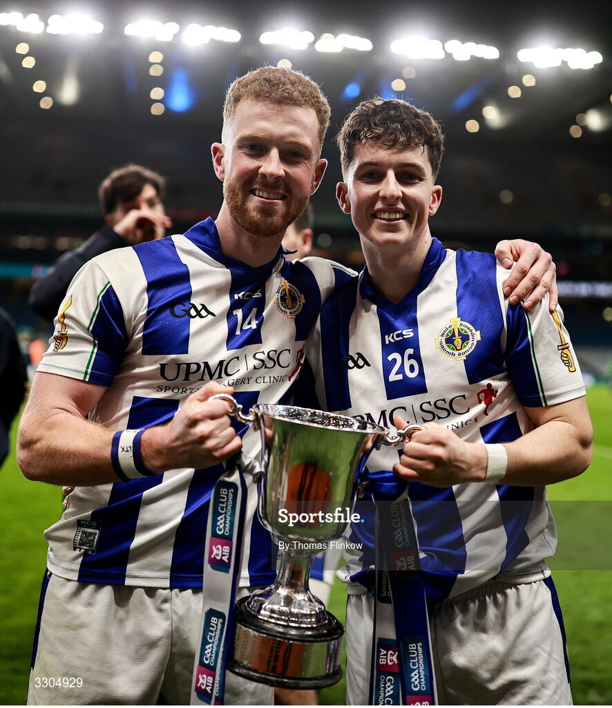 6 December 2025; Ballyboden St Enda's players Ryan O’Dwyer, left, and Callum O’Dwyer celebrate with the Seán McCabe Cup after their side's victory the AIB Leinster GAA Football Senior Club Championship final match between Athy of Kildare and Ballyboden St Enda's of Dublin at Croke Park in Dublin. Photo by Thomas Flinkow/Sportsfile