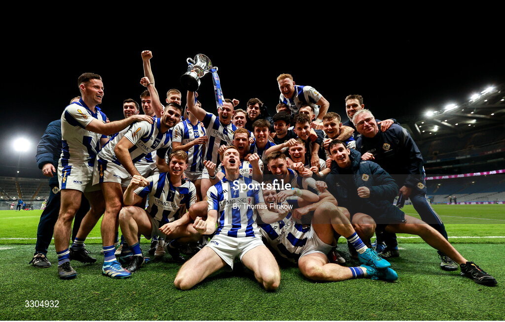 6 December 2025; Ballyboden St Enda's players celebrate with the Seán McCabe Cup after their side's victory in the the AIB Leinster GAA Football Senior Club Championship final match between Athy of Kildare and Ballyboden St Enda's of Dublin at Croke Park in Dublin. Photo by Thomas Flinkow/Sportsfile