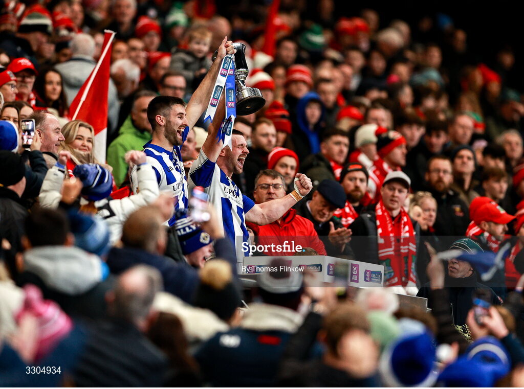 6 December 2025; Ballyboden St Enda's captain Shane Clayton, left, and vice-captain James Holland lift the Seán McCabe Cup after their side's victory the AIB Leinster GAA Football Senior Club Championship final match between Athy of Kildare and Ballyboden St Enda's of Dublin at Croke Park in Dublin. Photo by Thomas Flinkow/Sportsfile