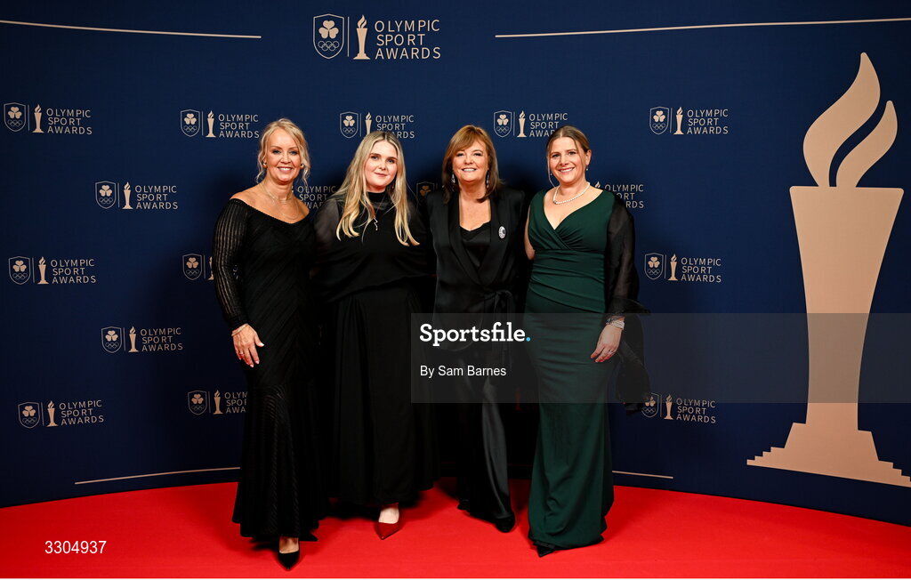 6 December 2025; in attendance are, from left, PA TO CEO Teresa Rudd, OFI Social Media & Communications Executive Suzanne Casey, OFI Commercial Director Catherine Tiernan and Team Ireland Chef de Mission for Milano Cortina 2026, Nancy Chillingworth, before the Team Ireland Olympic Sport Awards 2025 at The Royal Convention Centre in Dublin. Photo by Sam Barnes/Sportsfile