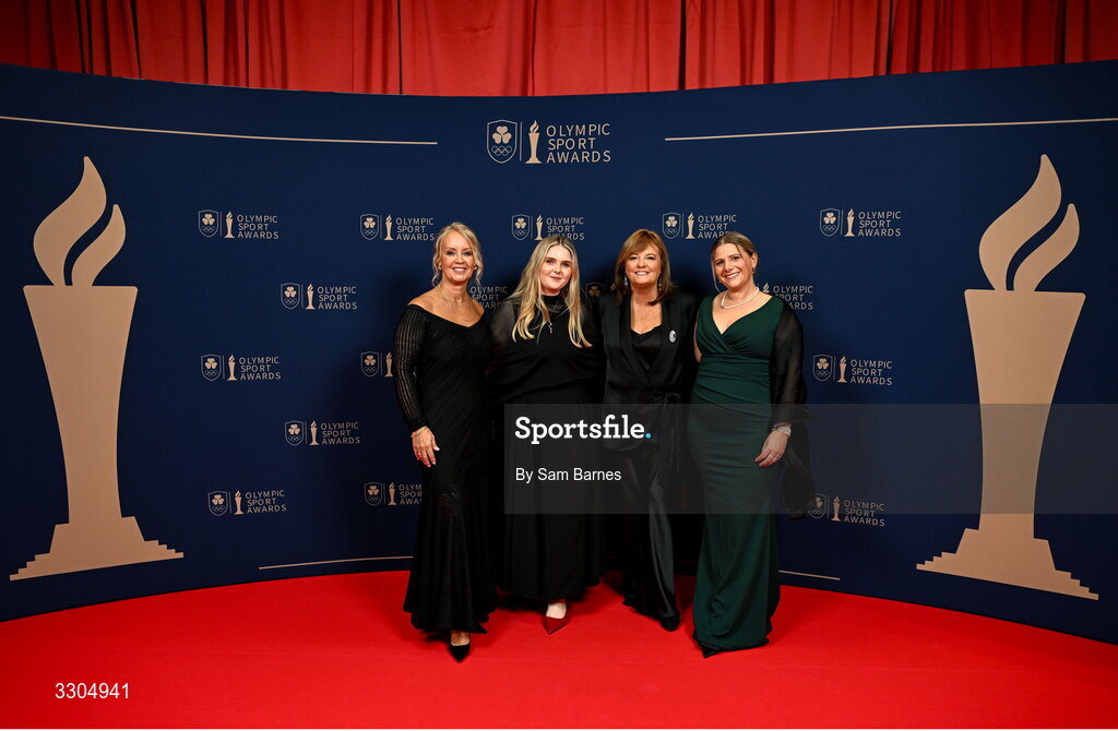 6 December 2025; in attendance are, from left, PA TO CEO Teresa Rudd, OFI Social Media & Communications Executive Suzanne Casey, OFI Commercial Director Catherine Tiernan and Team Ireland Chef de Mission for Milano Cortina 2026, Nancy Chillingworth, before the Team Ireland Olympic Sport Awards 2025 at The Royal Convention Centre in Dublin. Photo by Sam Barnes/Sportsfile