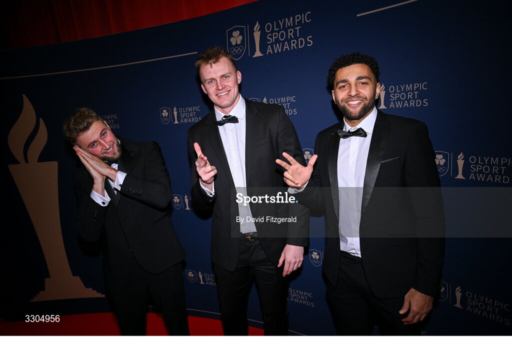 6 December 2025; 3x3 Basketball team members and nominees for Team of the Year, sponsored by Flogas, from left, Sean Flood, John Carroll and Sean Jenkins  during the Team Ireland Olympic Sport Awards 2025 at The Royal Convention Centre in Dublin. Photo by David Fitzgerald/Sportsfile