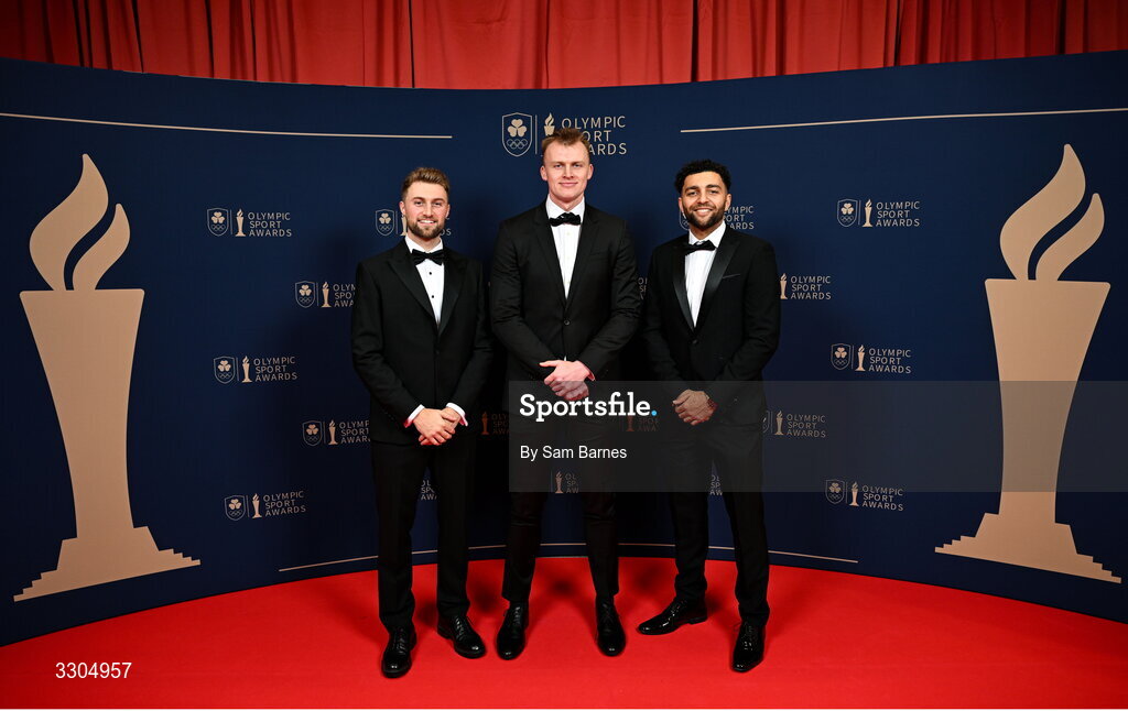 6 December 2025; 3x3 Basketball team members and nominees for Team of the Year, sponsored by Flogas, from left, Sean Flood, John Carroll and Sean Jenkins  during the Team Ireland Olympic Sport Awards 2025 at The Royal Convention Centre in Dublin. Photo by Sam Barnes/Sportsfile