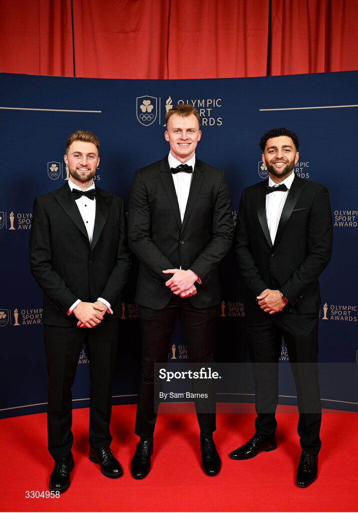 6 December 2025; 3x3 Basketball team members and nominees for Team of the Year, sponsored by Flogas, from left, Sean Flood, John Carroll and Sean Jenkins  during the Team Ireland Olympic Sport Awards 2025 at The Royal Convention Centre in Dublin. Photo by Sam Barnes/Sportsfile