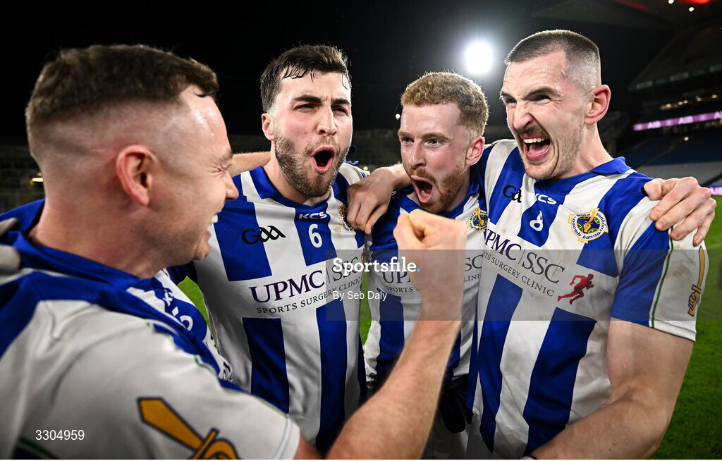 6 December 2025; Ballyboden St Enda's players, from left, Cathal Flaherty, Alex Gavin, Ryan O’Dwyer and Céin D’Arcy celebrates after their side's victory in the AIB Leinster GAA Football Senior Club Championship final match between Athy of Kildare and Ballyboden St Enda's of Dublin at Croke Park in Dublin. Photo by Seb Daly/Sportsfile