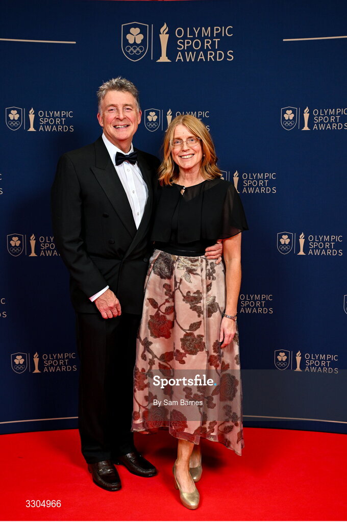 6 December 2025; Father and coach to World Silver Medallist in Heptathlon, Kate O'Connor and nominee for Coach of the Year, sponsored by Key Patent Innovations, Michael O'Connor, with his wife Valerie during the Team Ireland Olympic Sport Awards 2025 at The Royal Convention Centre in Dublin. Photo by Sam Barnes/Sportsfile