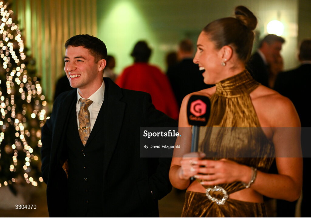 6 December 2025; Olympic Champion in Gymnastics and nominee for Creator of the Year, sponsored by McKeever Sports and Community Impact Award, sponsored by SPAR/EUROSPAR , Rhys McClenaghan, left, shares a joke with World Silver Medallist in Heptathlon and nominee for Female Athlete of the Year, sponsored by Allianz, and Olympic Sporting Moment of the Year, sponsored by Fiat, Kate O'Connor, before the Team Ireland Olympic Sport Awards 2025 at The Royal Convention Centre in Dublin. Photo by David Fitzgerald/Sportsfile