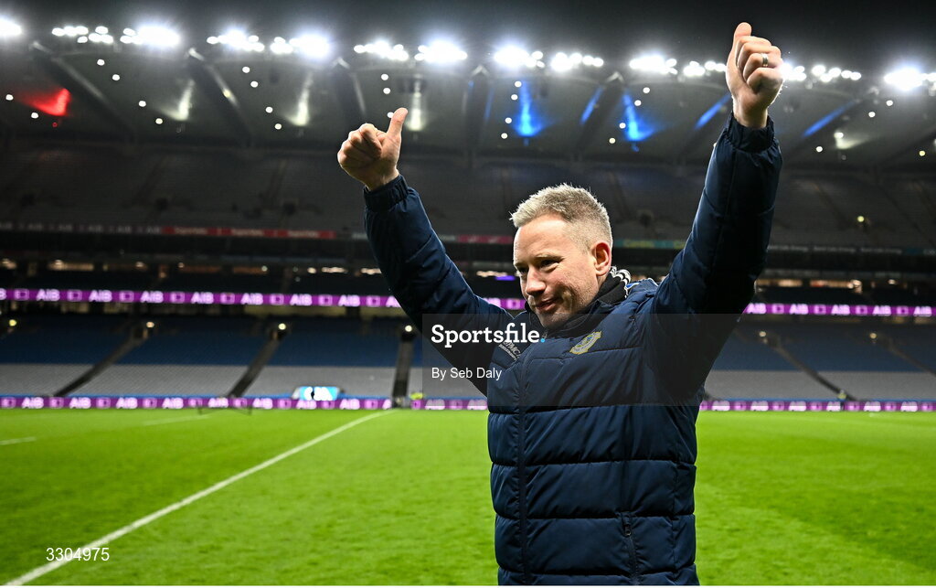 6 December 2025; Ballyboden St Enda's manager Eamon O'Reilly celebrates after his side's victory in the AIB Leinster GAA Football Senior Club Championship final match between Athy of Kildare and Ballyboden St Enda's of Dublin at Croke Park in Dublin. Photo by Seb Daly/Sportsfile