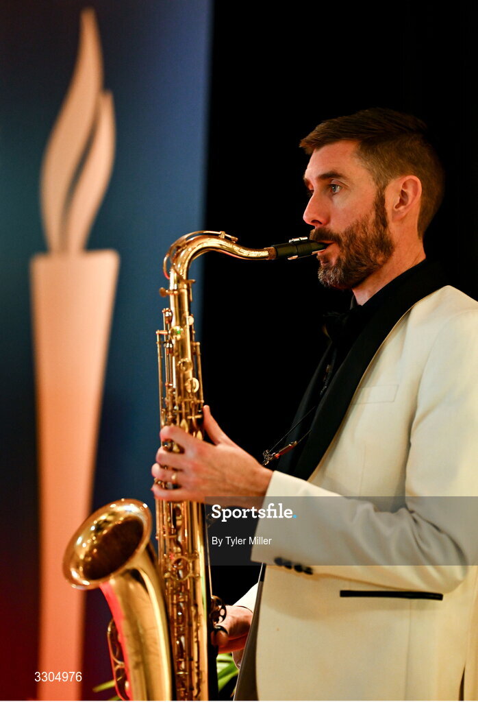 6 December 2025; A saxophonist plays before the Team Ireland Olympic Sport Awards 2025 at The Royal Convention Centre in Dublin. Photo by Tyler Miller/Sportsfile