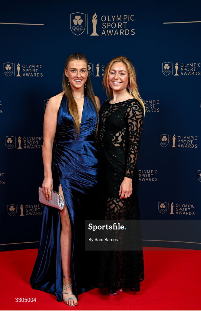 6 December 2025; World Bronze Medallist in Sailing and nominee for Rising Star, sponsored by Sport Ireland, Eve McMahon, left, and World Champion in Cycling and nominee for Female Athlete of the Year, sponsored by Allianz, Lara Gillespie, during the Team Ireland Olympic Sport Awards 2025 at The Royal Convention Centre in Dublin. Photo by Sam Barnes/Sportsfile