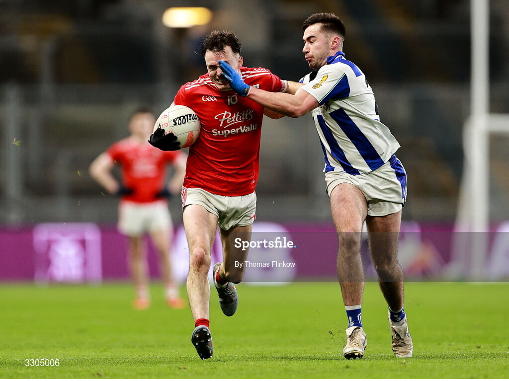 6 December 2025; Brian Maher of Athy is tackled by Harry Donaghy of Ballyboden St Enda’s during the AIB Leinster GAA Football Senior Club Championship final match between Athy of Kildare and Ballyboden St Enda's of Dublin at Croke Park in Dublin. Photo by Thomas Flinkow/Sportsfile