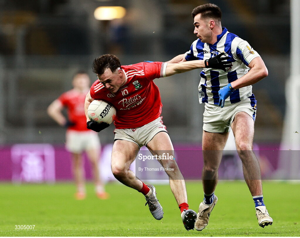 6 December 2025; Brian Maher of Athy is tackled by Harry Donaghy of Ballyboden St Enda’s during the AIB Leinster GAA Football Senior Club Championship final match between Athy of Kildare and Ballyboden St Enda's of Dublin at Croke Park in Dublin. Photo by Thomas Flinkow/Sportsfile