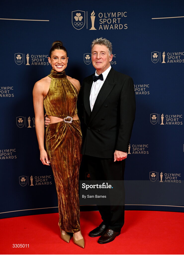 6 December 2025; World Silver Medallist in Heptathlon and nominee for Female Athlete of the Year, sponsored by Allianz, and Olympic Sporting Moment of the Year, sponsored by Fiat, Kate O'Connor, and with her father and nominee for Coach of the Year, sponsored by Key Patent Innovations, Michael O'Connor, during the Team Ireland Olympic Sport Awards 2025 at The Royal Convention Centre in Dublin. Photo by Sam Barnes/Sportsfile