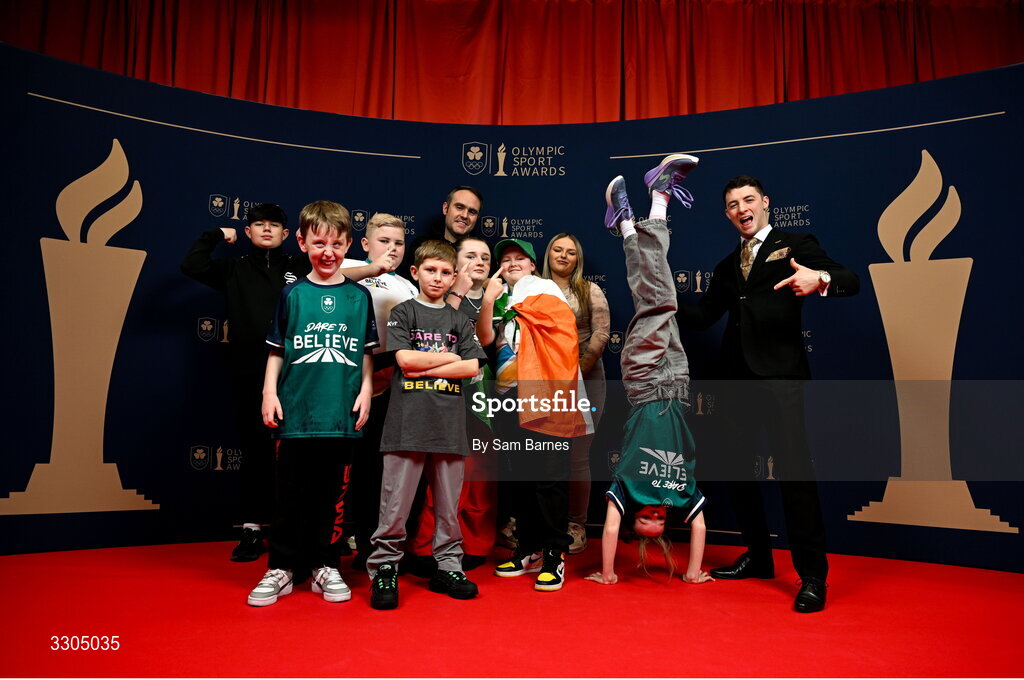 6 December 2025; Olympic Champion in Gymnastics and nominee for Creator of the Year, sponsored by McKeever Sports and Community Impact Award, sponsored by SPAR/EUROSPAR , Rhys McClenaghan, right, with the Kabin crew during the Team Ireland Olympic Sport Awards 2025 at The Royal Convention Centre in Dublin. Photo by Sam Barnes/Sportsfile