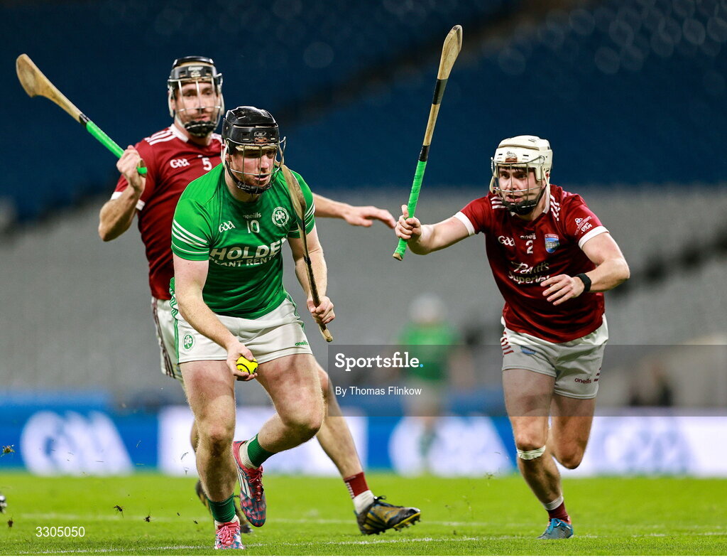 6 December 2025; Paddy Mullen of Shamrocks Ballyhale in action against St Martin's players Daithí Waters, left, and Eoin O’Leary during the AIB Leinster GAA Hurling Senior Club Championship final match between St Martin's of Wexford and Shamrocks Ballyhale of Kilkenny at Croke Park in Dublin. Photo by Thomas Flinkow/Sportsfile