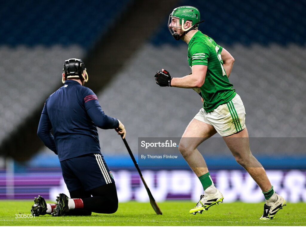 6 December 2025; Nial Shortall of Shamrocks Ballyhale celebrates after scoring his side's second goal during the AIB Leinster GAA Hurling Senior Club Championship final match between St Martin's of Wexford and Shamrocks Ballyhale of Kilkenny at Croke Park in Dublin. Photo by Thomas Flinkow/Sportsfile