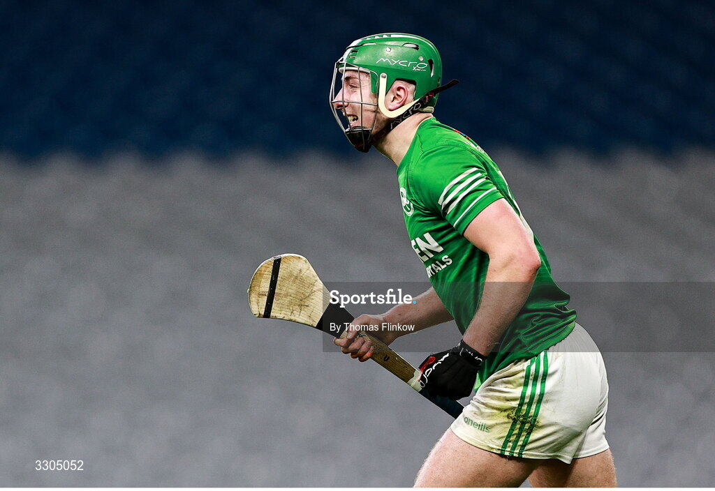 6 December 2025; Nial Shortall of Shamrocks Ballyhale celebrates after scoring his side's second goal during the AIB Leinster GAA Hurling Senior Club Championship final match between St Martin's of Wexford and Shamrocks Ballyhale of Kilkenny at Croke Park in Dublin. Photo by Thomas Flinkow/Sportsfile