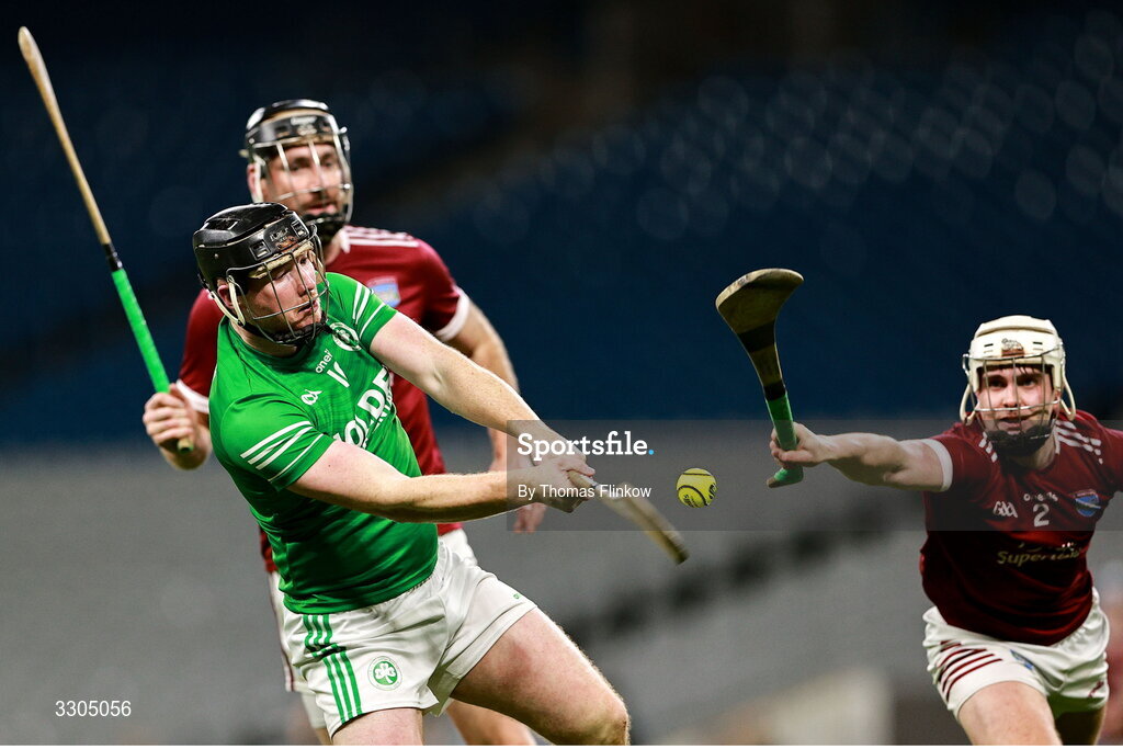 6 December 2025; Paddy Mullen of Shamrocks Ballyhale in action against St Martin's players Daithí Waters, back, and Eoin O’Leary during the AIB Leinster GAA Hurling Senior Club Championship final match between St Martin's of Wexford and Shamrocks Ballyhale of Kilkenny at Croke Park in Dublin. Photo by Thomas Flinkow/Sportsfile