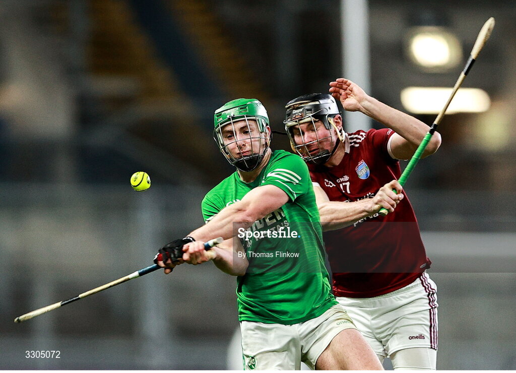 6 December 2025; Nial Shortall of Shamrocks Ballyhale in action against Ben Maddock of St Martin’s during the AIB Leinster GAA Hurling Senior Club Championship final match between St Martin's of Wexford and Shamrocks Ballyhale of Kilkenny at Croke Park in Dublin. Photo by Thomas Flinkow/Sportsfile
