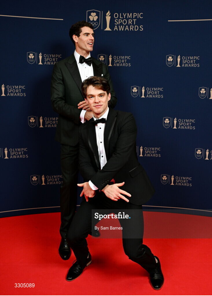 6 December 2025; World Bronze Medallist in Rowing and nominee for Team of the Year, sponsored by Flogas, Philip Doyle, left, and World Bronze Medallist in Rowing and nominee for Male Athlete of the Year, sponsored by Allianz, and Team of the Year, sponsored by Flogas, Fintan McCarthy, during the Team Ireland Olympic Sport Awards 2025 at The Royal Convention Centre in Dublin. Photo by Sam Barnes/Sportsfile