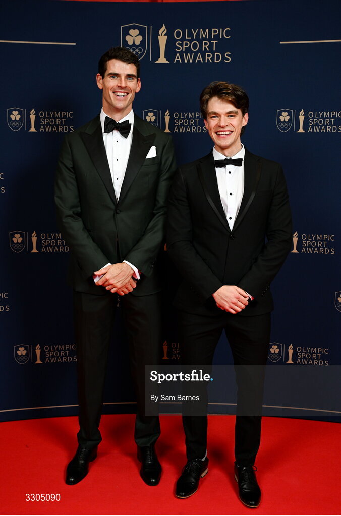 6 December 2025; World Bronze Medallist in Rowing and nominee for Team of the Year, sponsored by Flogas, Philip Doyle, left, and World Bronze Medallist in Rowing and nominee for Male Athlete of the Year, sponsored by Allianz, and Team of the Year, sponsored by Flogas, Fintan McCarthy, during the Team Ireland Olympic Sport Awards 2025 at The Royal Convention Centre in Dublin. Photo by Sam Barnes/Sportsfile
