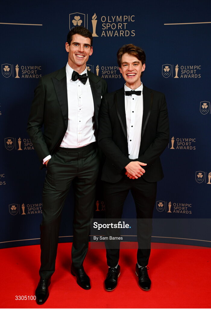 6 December 2025; World Bronze Medallist in Rowing and nominee for Team of the Year, sponsored by Flogas, Philip Doyle, left, and World Bronze Medallist in Rowing and nominee for Male Athlete of the Year, sponsored by Allianz, and Team of the Year, sponsored by Flogas, Fintan McCarthy, during the Team Ireland Olympic Sport Awards 2025 at The Royal Convention Centre in Dublin. Photo by Sam Barnes/Sportsfile