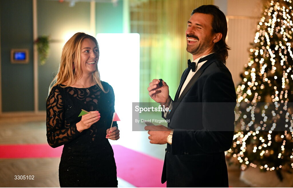 6 December 2025; World Champion in Cycling and nominee for Female Athlete of the Year, sponsored by Allianz, Lara Gillespie, shares a joke with Olympian and Athletes Commission member Harry McNulty during the Team Ireland Olympic Sport Awards 2025 at The Royal Convention Centre in Dublin. Photo by David Fitzgerald/Sportsfile
