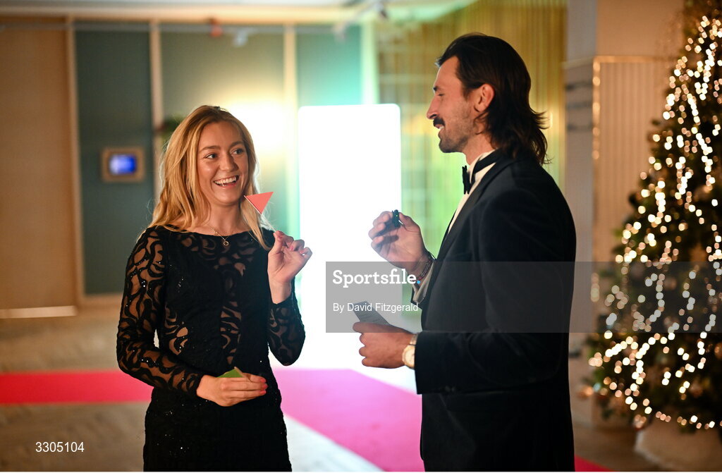 6 December 2025; World Champion in Cycling and nominee for Female Athlete of the Year, sponsored by Allianz, Lara Gillespie, shares a joke with Olympian and Athletes Commission member Harry McNulty during the Team Ireland Olympic Sport Awards 2025 at The Royal Convention Centre in Dublin. Photo by David Fitzgerald/Sportsfile