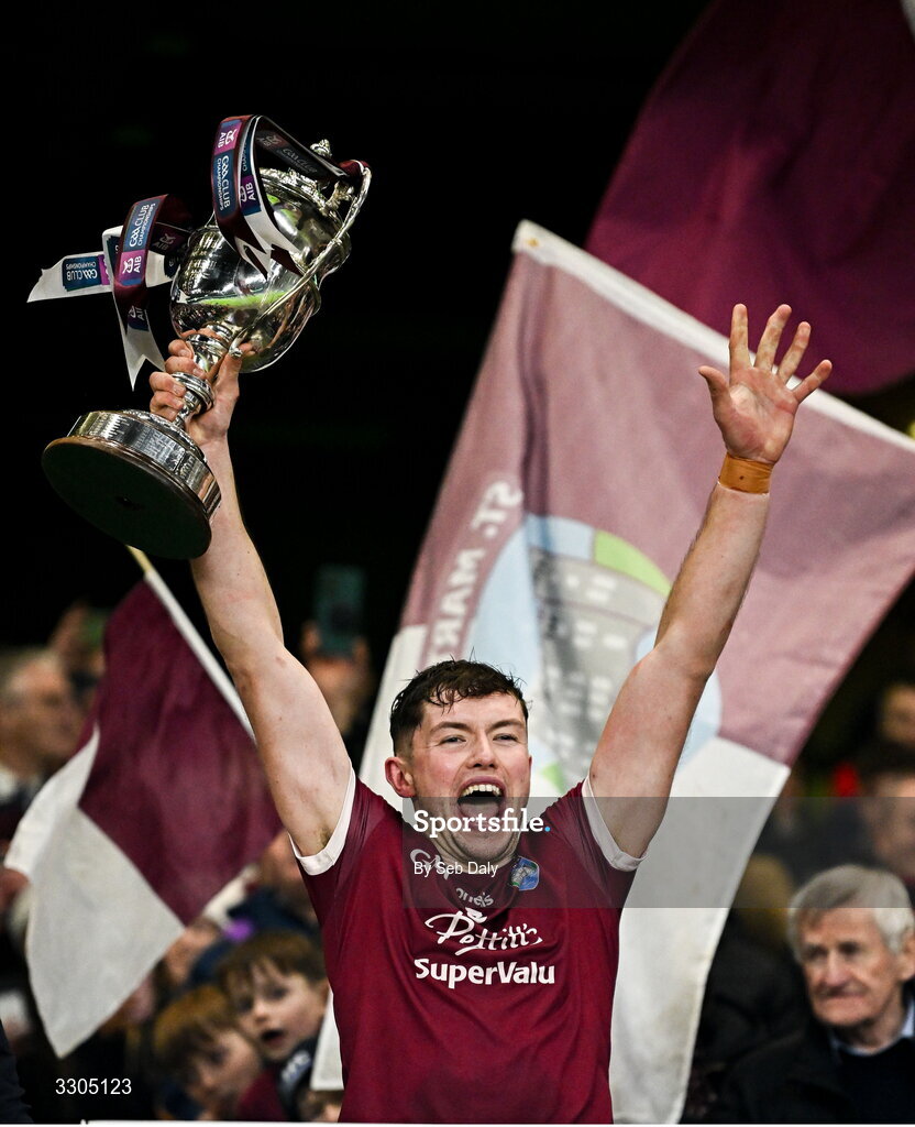 6 December 2025; St Martin's captain Conor Firman lifts the O'Neill Cup after his side's victory in the AIB Leinster GAA Hurling Senior Club Championship final match between St Martin's of Wexford and Shamrocks Ballyhale of Kilkenny at Croke Park in Dublin. Photo by Seb Daly/Sportsfile