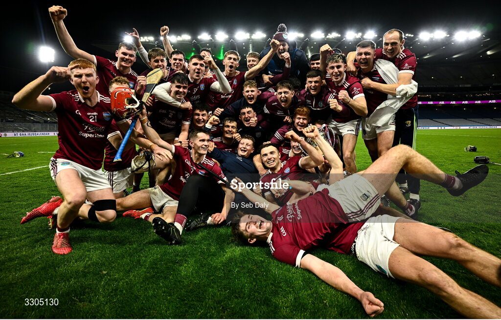 6 December 2025; St Martin's players celebrate with the O'Neill Cup after their side's victory in the AIB Leinster GAA Hurling Senior Club Championship final match between St Martin's of Wexford and Shamrocks Ballyhale of Kilkenny at Croke Park in Dublin. Photo by Seb Daly/Sportsfile